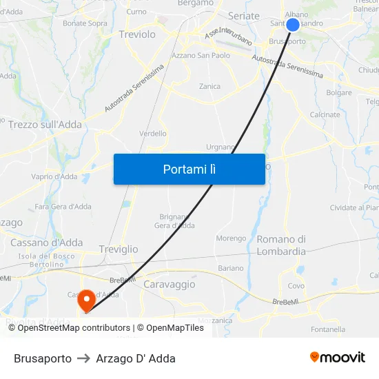 Brusaporto to Arzago D' Adda map