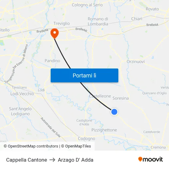 Cappella Cantone to Arzago D' Adda map