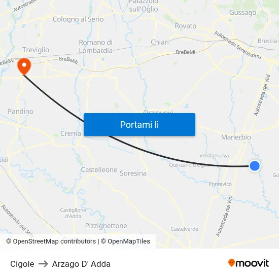 Cigole to Arzago D' Adda map