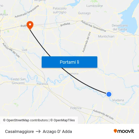 Casalmaggiore to Arzago D' Adda map