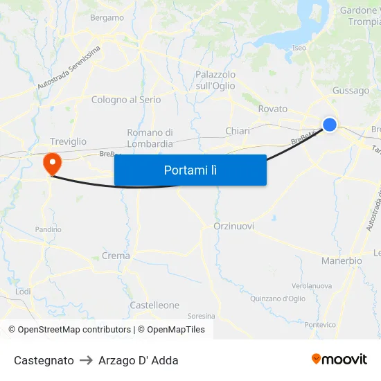 Castegnato to Arzago D' Adda map