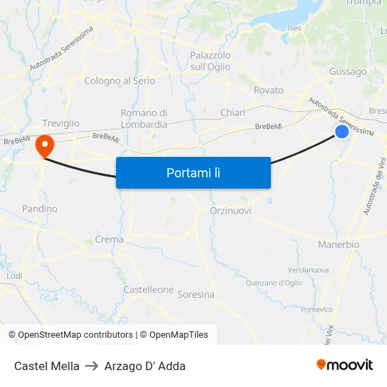 Castel Mella to Arzago D' Adda map