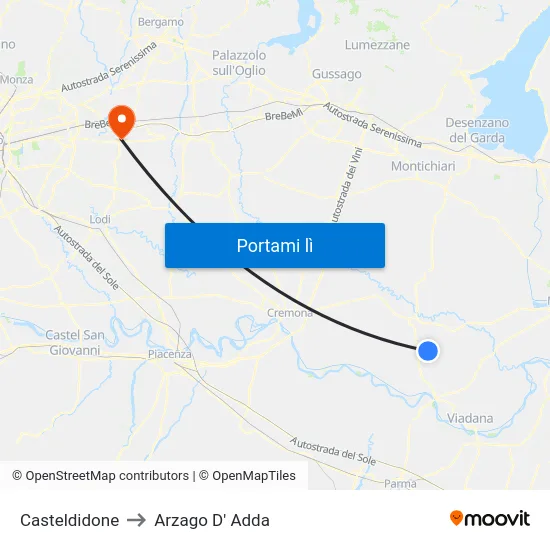 Casteldidone to Arzago D' Adda map