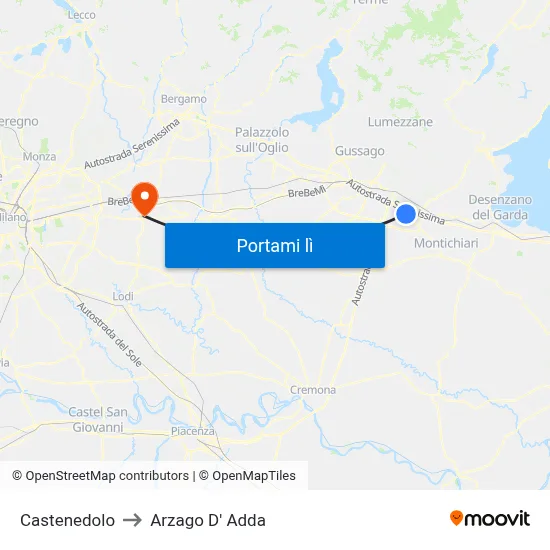 Castenedolo to Arzago D' Adda map