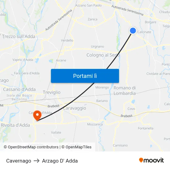 Cavernago to Arzago D' Adda map