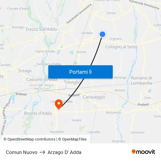 Comun Nuovo to Arzago D' Adda map