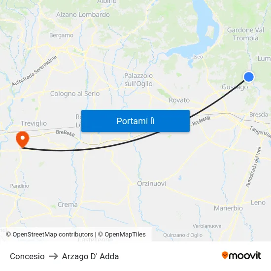 Concesio to Arzago D' Adda map