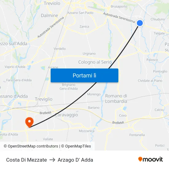 Costa Di Mezzate to Arzago D' Adda map
