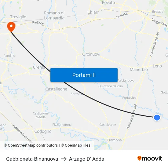 Gabbioneta-Binanuova to Arzago D' Adda map