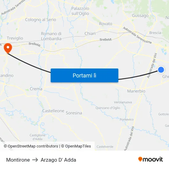 Montirone to Arzago D' Adda map