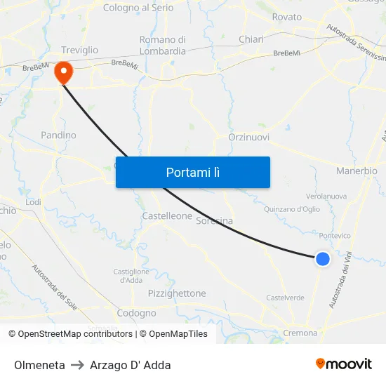 Olmeneta to Arzago D' Adda map