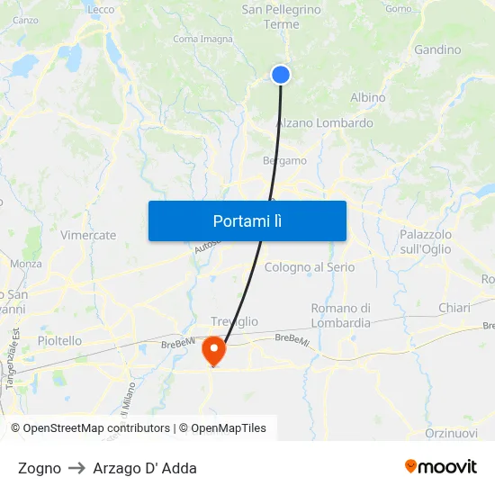 Zogno to Arzago D' Adda map