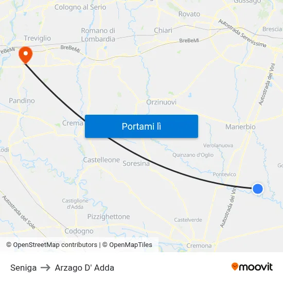 Seniga to Arzago D' Adda map