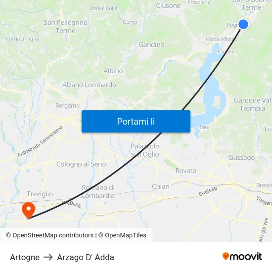Artogne to Arzago D' Adda map