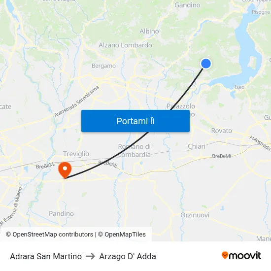 Adrara San Martino to Arzago D' Adda map
