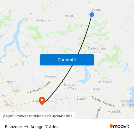 Bianzone to Arzago D' Adda map