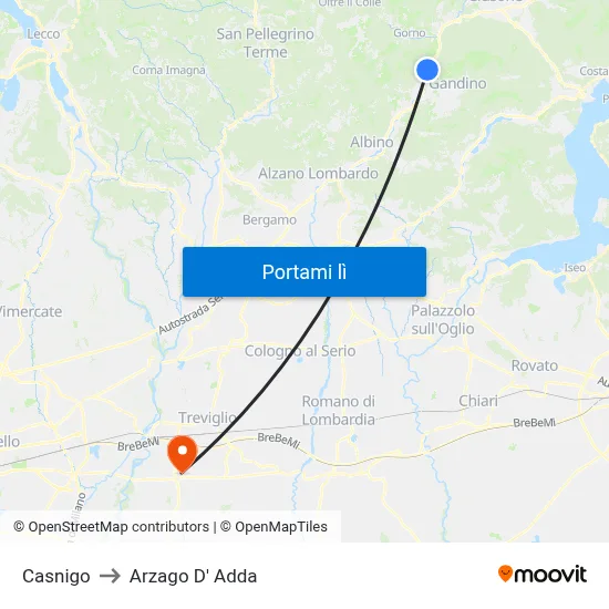 Casnigo to Arzago D' Adda map