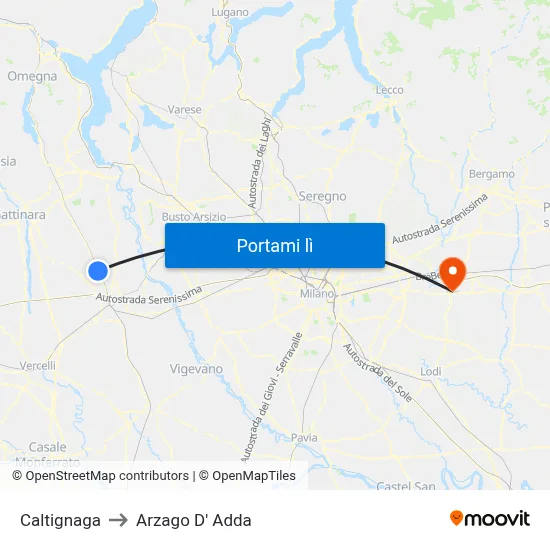 Caltignaga to Arzago D' Adda map