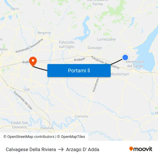 Calvagese Della Riviera to Arzago D' Adda map