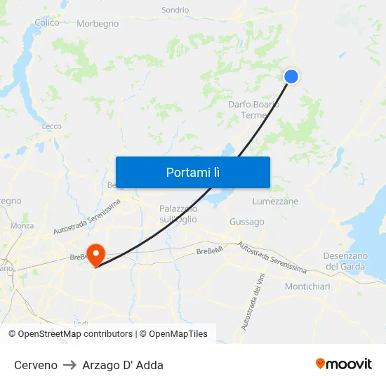 Cerveno to Arzago D' Adda map