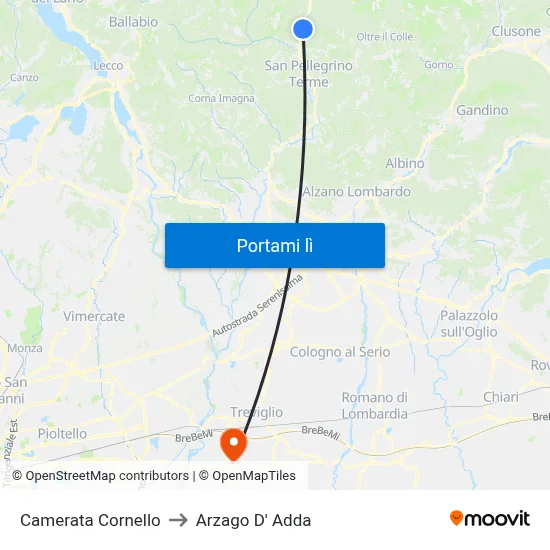 Camerata Cornello to Arzago D' Adda map