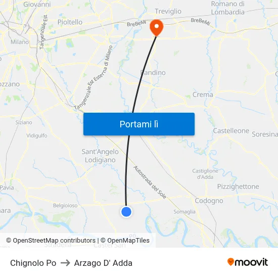 Chignolo Po to Arzago D' Adda map
