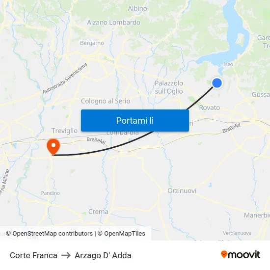 Corte Franca to Arzago D' Adda map