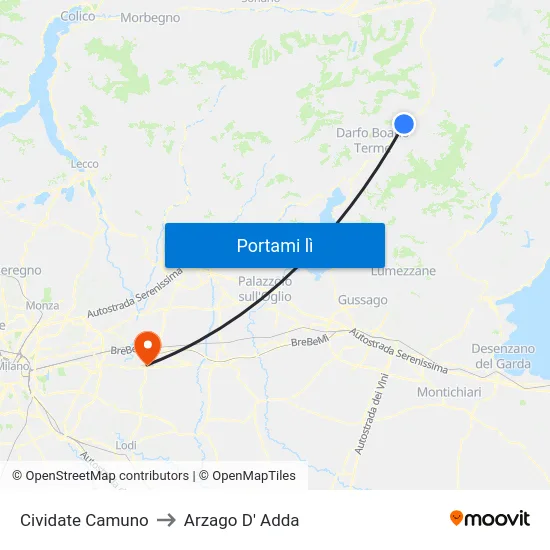 Cividate Camuno to Arzago D' Adda map