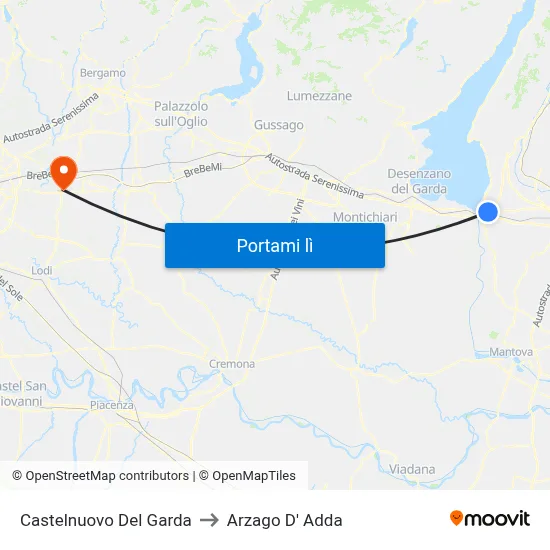 Castelnuovo Del Garda to Arzago D' Adda map