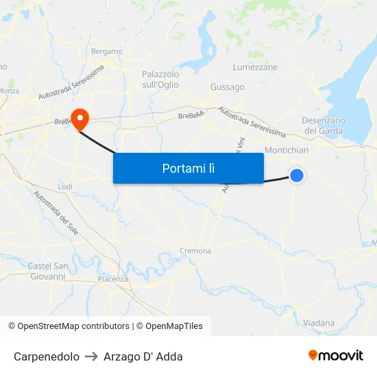 Carpenedolo to Arzago D' Adda map