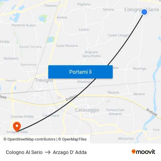 Cologno Al Serio to Arzago D' Adda map