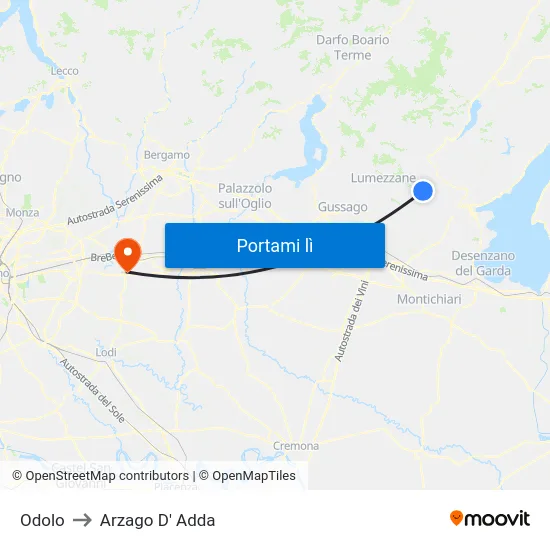 Odolo to Arzago D' Adda map