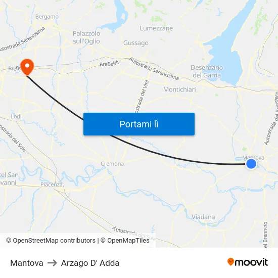 Mantova to Arzago D' Adda map