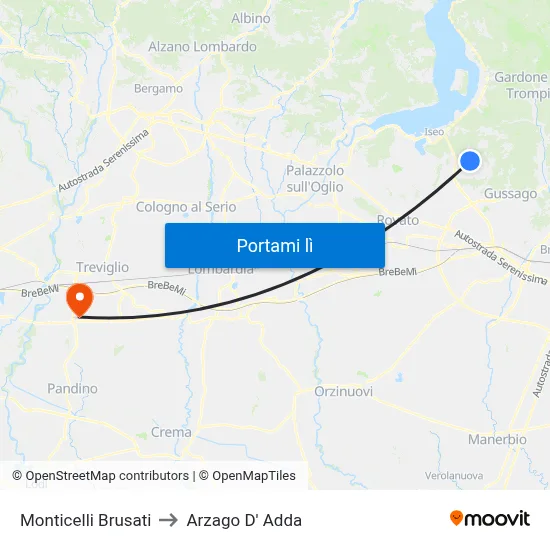 Monticelli Brusati to Arzago D' Adda map