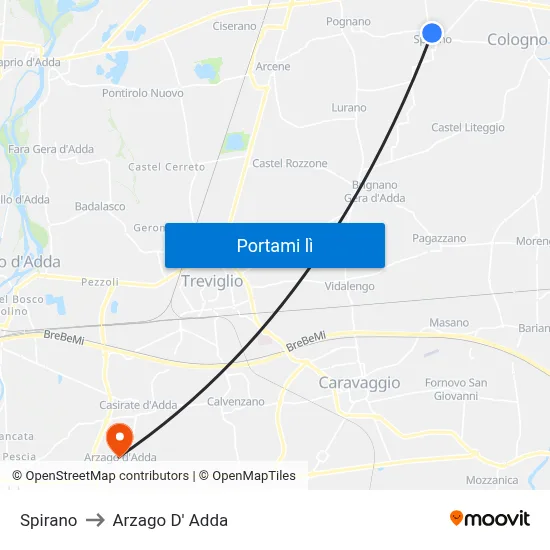 Spirano to Arzago D' Adda map