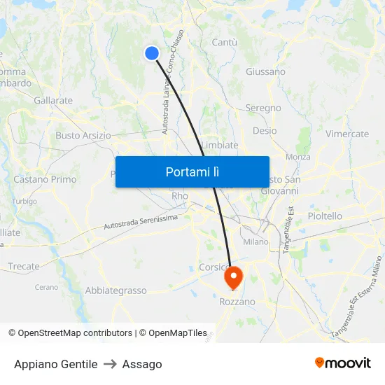 Appiano Gentile to Assago map
