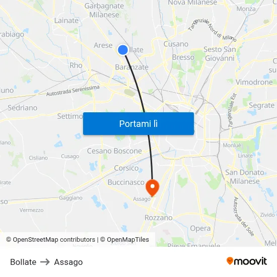 Bollate to Assago map