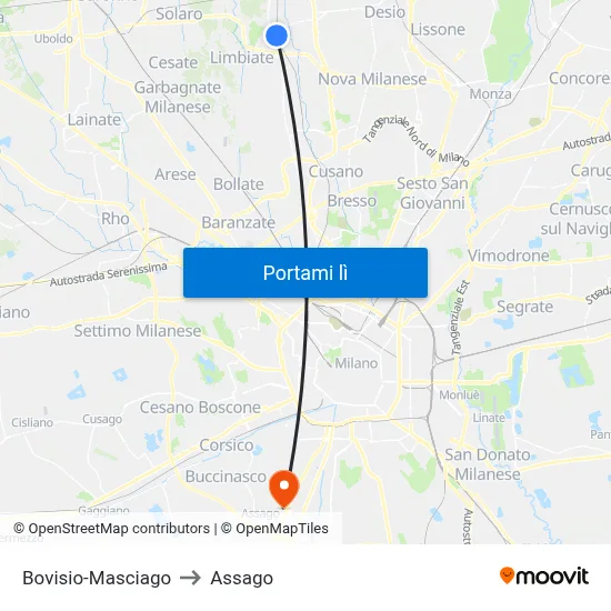 Bovisio-Masciago to Assago map