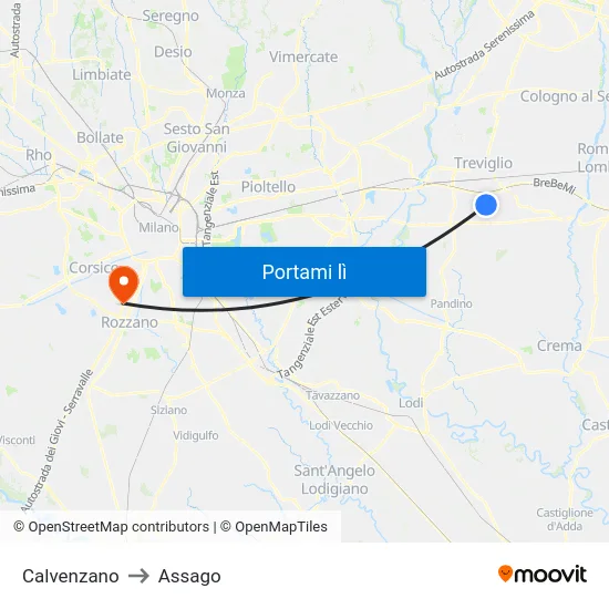 Calvenzano to Assago map