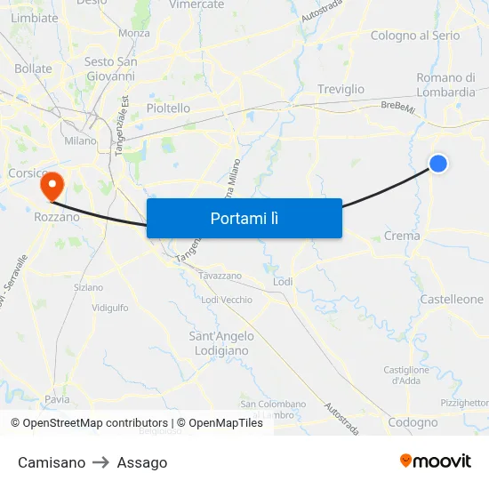 Camisano to Assago map