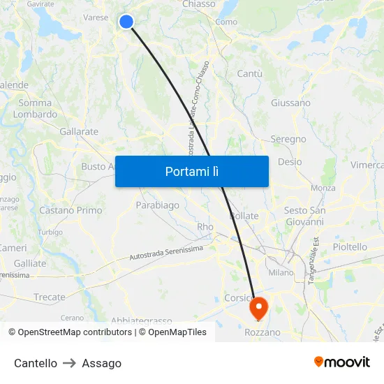 Cantello to Assago map