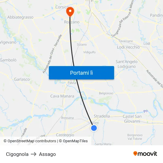 Cigognola to Assago map