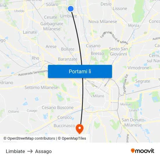 Limbiate to Assago map