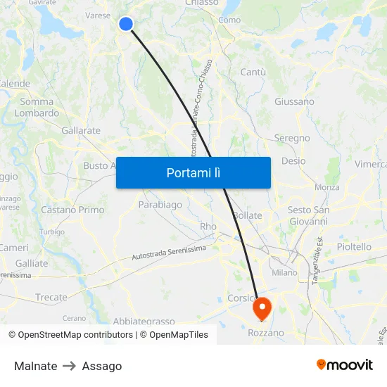 Malnate to Assago map