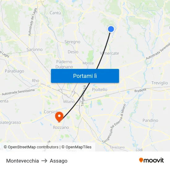 Montevecchia to Assago map