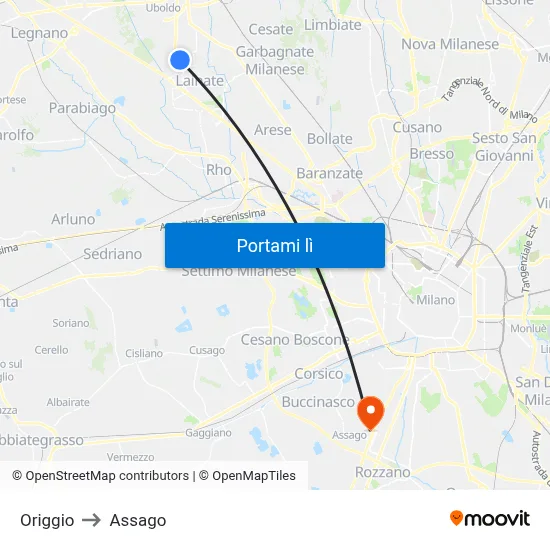 Origgio to Assago map