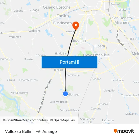 Vellezzo Bellini to Assago map