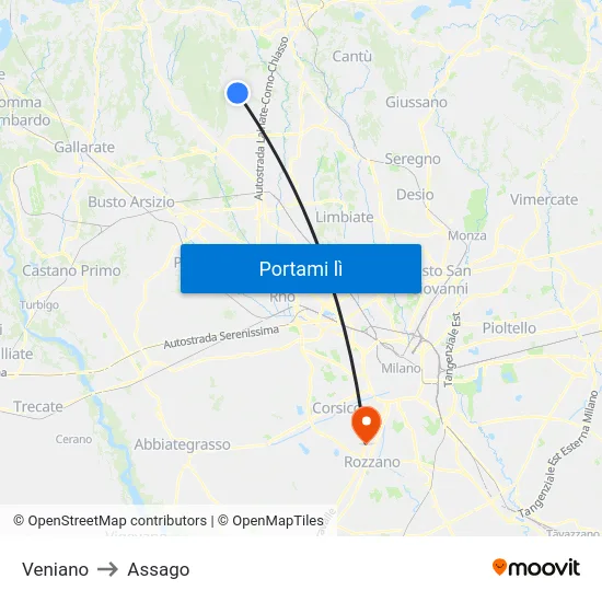 Veniano to Assago map