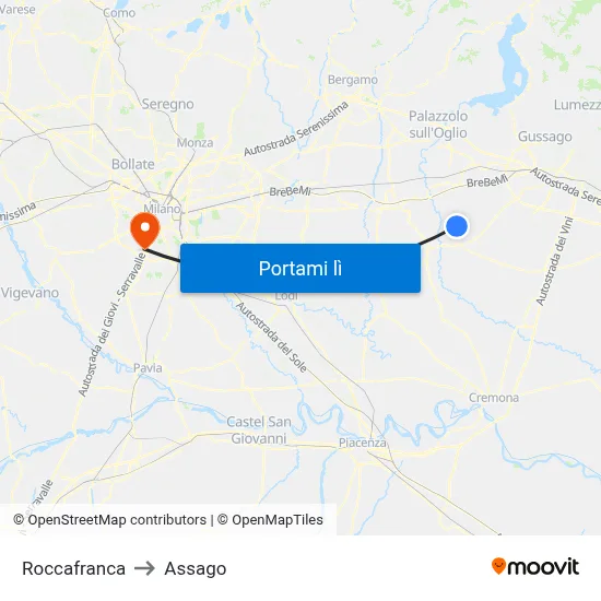 Roccafranca to Assago map