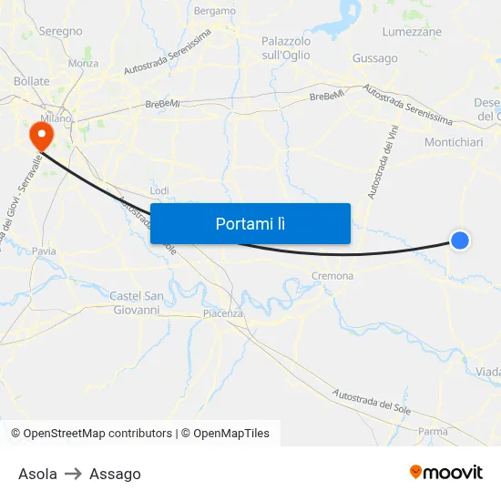Asola to Assago map